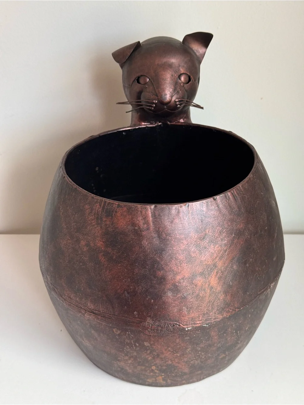 Unique Copper Tone Metal Figural Cat Kitty Sculpture Decorative Pot Planter